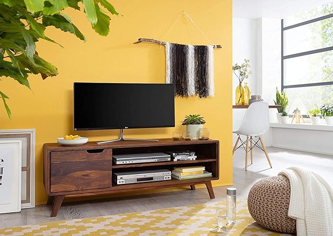 Vodrohome modern tv unit with cabinet and set up box shelf – solid sheesham wood tvc in honey finish 134x45x55 cm TV#004 - vodrohome