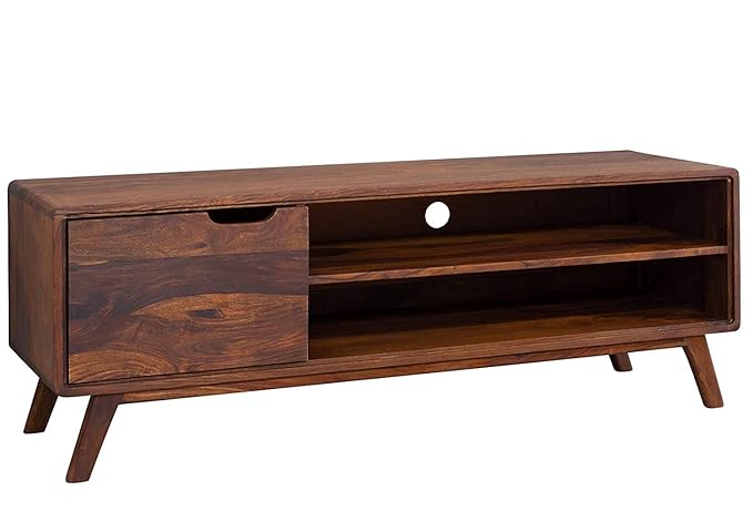 Vodrohome modern tv unit with cabinet and set up box shelf – solid sheesham wood tvc in honey finish 134x45x55 cm TV#004 - vodrohome