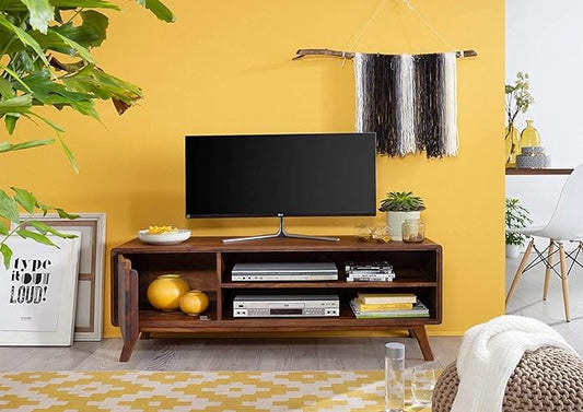 Vodrohome modern tv unit with cabinet and set up box shelf – solid sheesham wood tvc in honey finish 134x45x55 cm TV#004 - vodrohome
