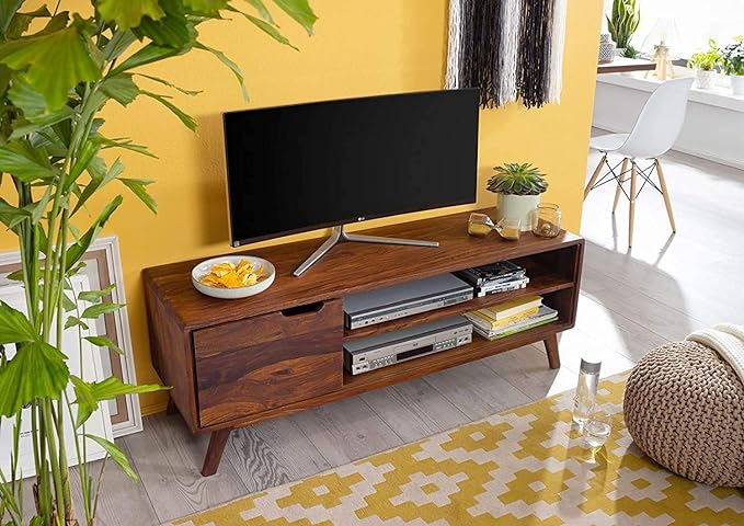 Vodrohome modern tv unit with cabinet and set up box shelf – solid sheesham wood tvc in honey finish 134x45x55 cm TV#004 - vodrohome