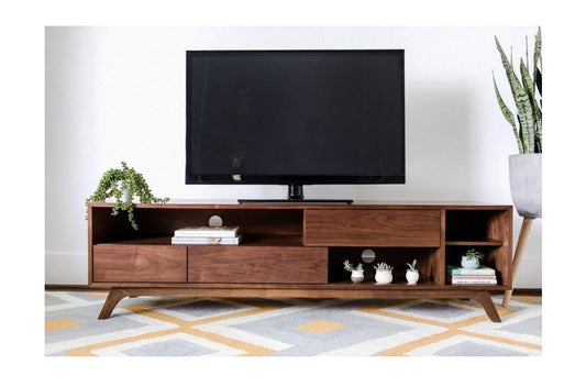 Vodrohome modern tv unit cabinet with three drawer and four open compartments – solid acacia wood tvc in honey finish 160x35x50 cm TV#005 - vodrohome