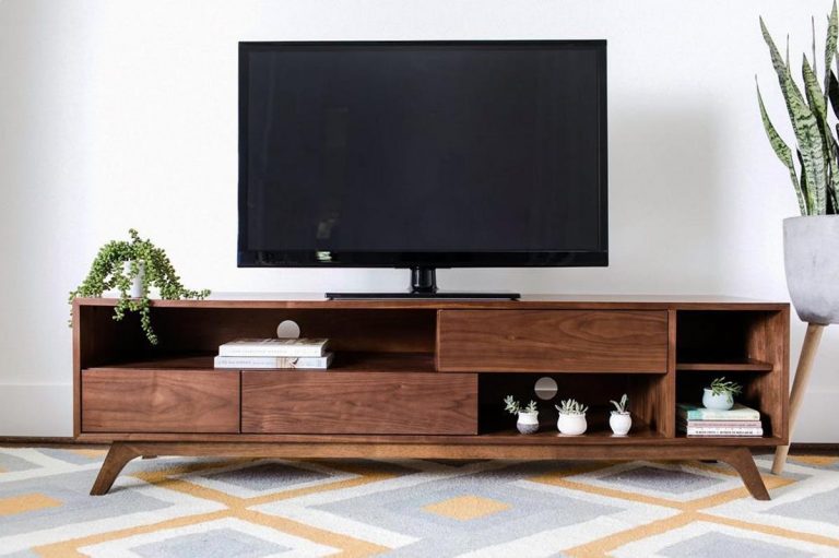Vodrohome modern tv unit cabinet with three drawer and four open compartments – solid acacia wood tvc in honey finish 160x35x50 cm TV#005 - vodrohome