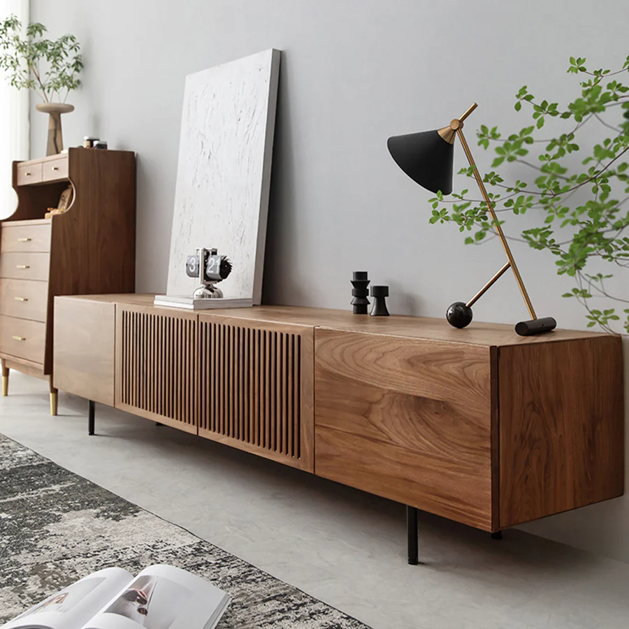 Vodrohome modern tv unit cabinet with 8 compartments – solid acacia wood tvc in walnut finish – tv consol table TV#006 - vodrohome