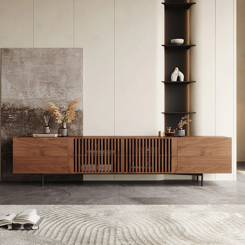 Vodrohome modern tv unit cabinet with 8 compartments – solid acacia wood tvc in walnut finish – tv consol table TV#006 - vodrohome