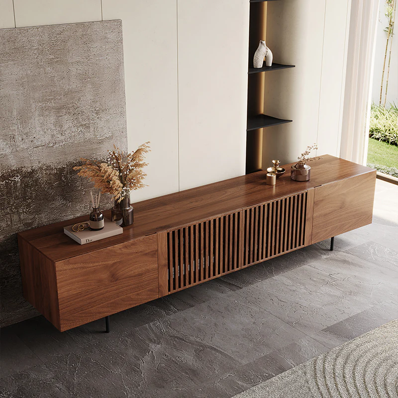 Vodrohome modern tv unit cabinet with 8 compartments – solid acacia wood tvc in walnut finish – tv consol table TV#006 - vodrohome