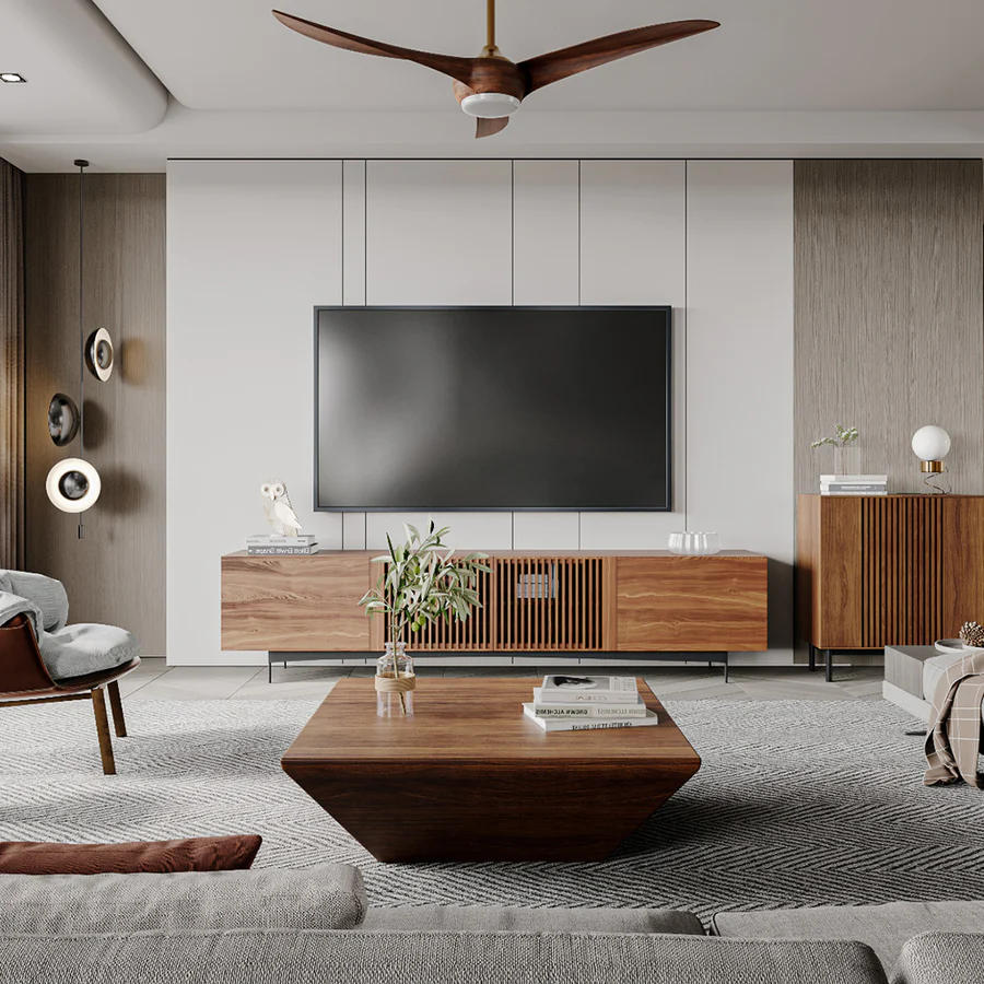 Vodrohome modern tv unit cabinet with 8 compartments – solid acacia wood tvc in walnut finish – tv consol table TV#006 - vodrohome