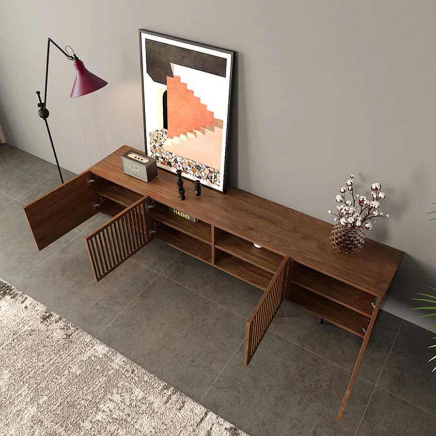 Vodrohome modern tv unit cabinet with 8 compartments – solid acacia wood tvc in walnut finish – tv consol table TV#006 - vodrohome