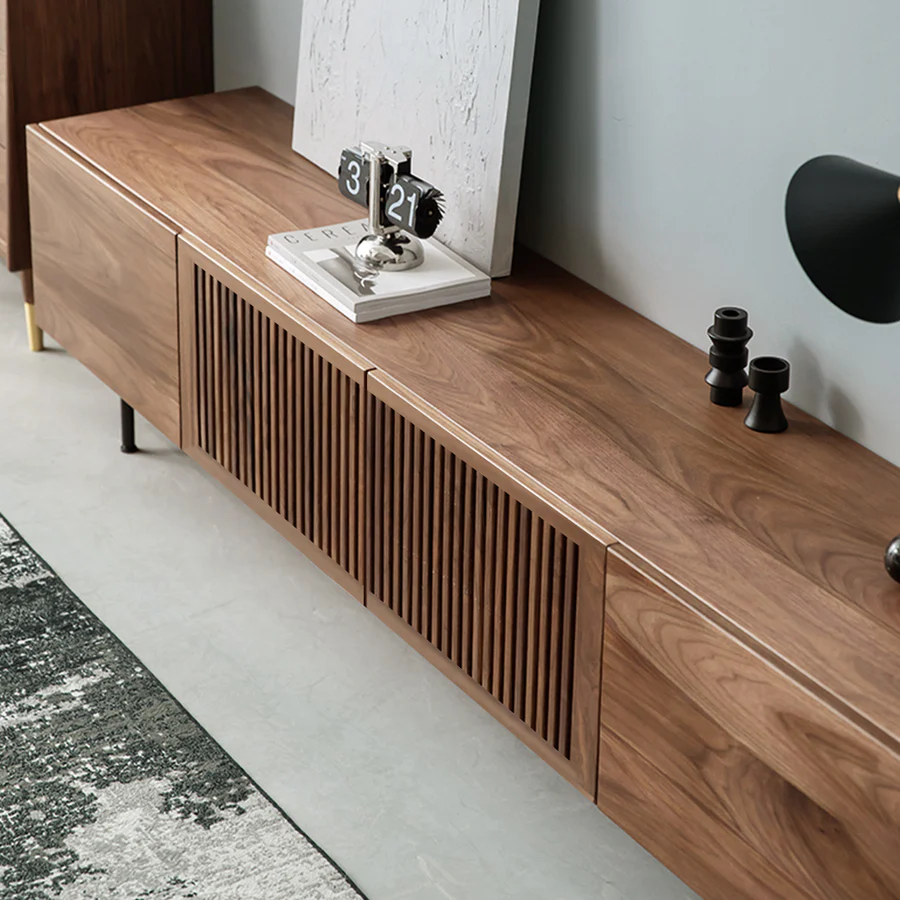 Vodrohome modern tv unit cabinet with 8 compartments – solid acacia wood tvc in walnut finish – tv consol table TV#006 - vodrohome