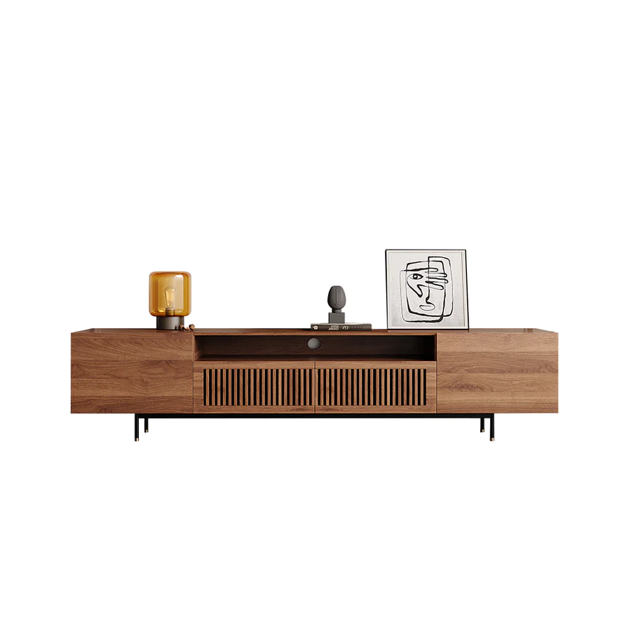 Vodrohome modern tv unit cabinet with 7 compartments – solid acacia wood tvc in walnut finish – tv consol table with set up box shelf TV#007 - vodrohome
