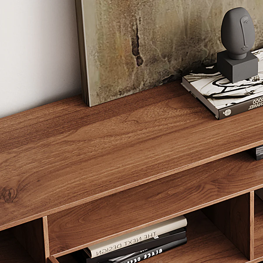 Vodrohome modern tv unit cabinet with 7 compartments – solid acacia wood tvc in walnut finish – tv consol table with set up box shelf TV#007 - vodrohome