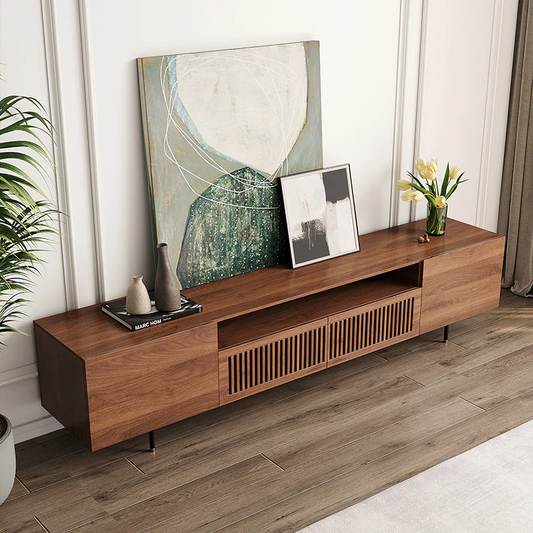 Vodrohome modern tv unit cabinet with 7 compartments – solid acacia wood tvc in walnut finish – tv consol table with set up box shelf TV#007 - vodrohome