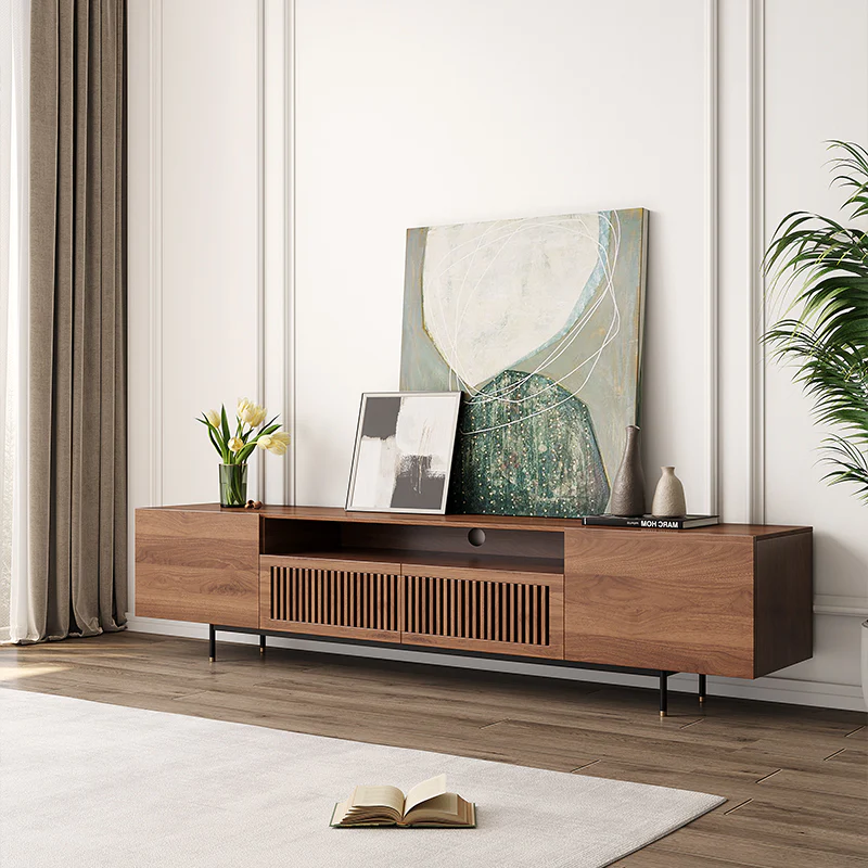 Vodrohome modern tv unit cabinet with 7 compartments – solid acacia wood tvc in walnut finish – tv consol table with set up box shelf TV#007 - vodrohome