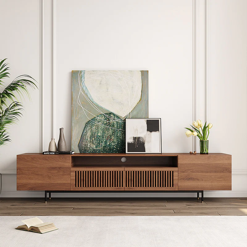 Vodrohome modern tv unit cabinet with 7 compartments – solid acacia wood tvc in walnut finish – tv consol table with set up box shelf TV#007 - vodrohome