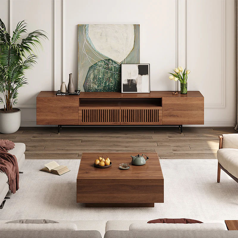 Vodrohome modern tv unit cabinet with 7 compartments – solid acacia wood tvc in walnut finish – tv consol table with set up box shelf TV#007 - vodrohome