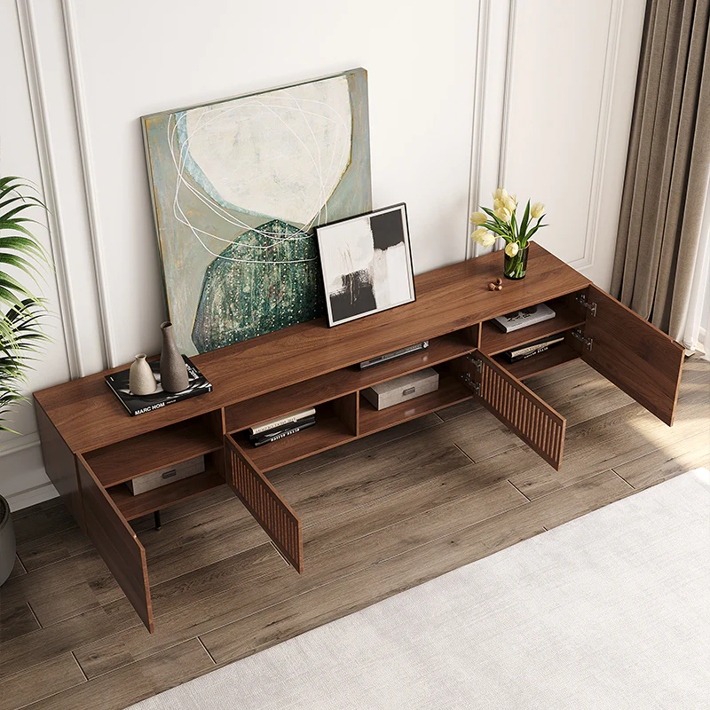 Vodrohome modern tv unit cabinet with 7 compartments – solid acacia wood tvc in walnut finish – tv consol table with set up box shelf TV#007 - vodrohome