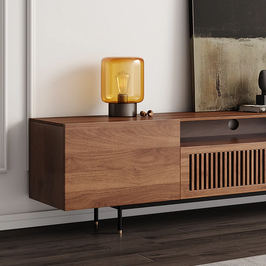Vodrohome modern tv unit cabinet with 7 compartments – solid acacia wood tvc in walnut finish – tv consol table with set up box shelf TV#007 - vodrohome