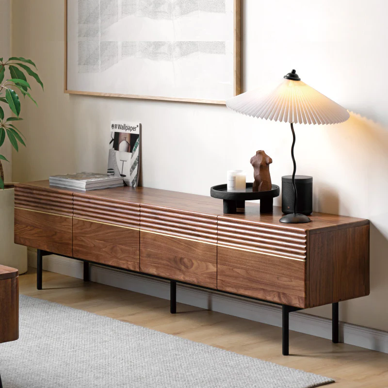 Vodrohome modern tv unit cabinet walnut finish – solid acacia wood tvc in – tv consol table with set up box shelf TV#009 - vodrohome