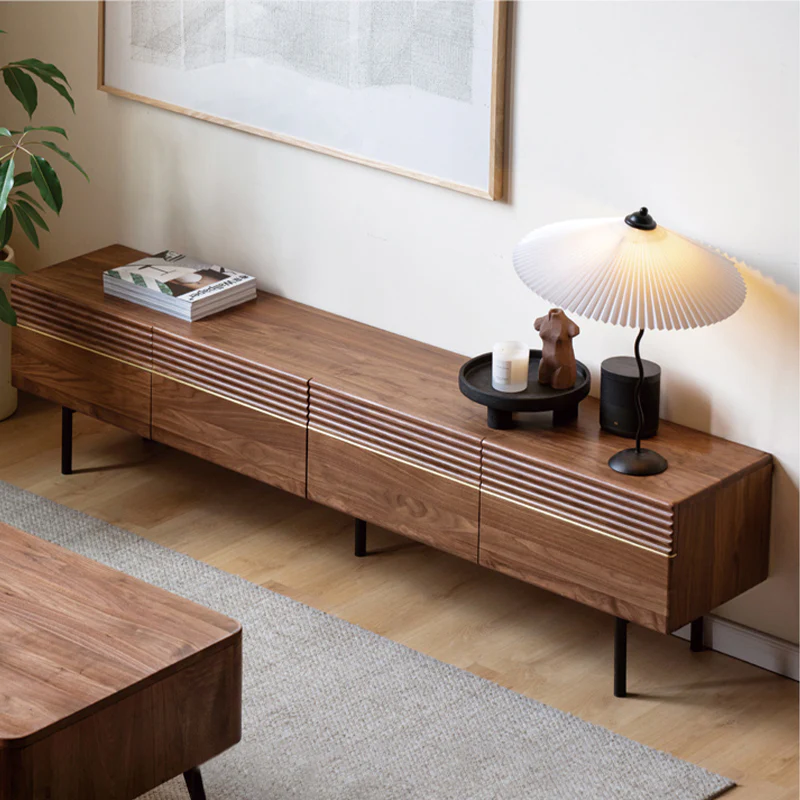 Vodrohome modern tv unit cabinet walnut finish – solid acacia wood tvc in – tv consol table with set up box shelf TV#009 - vodrohome