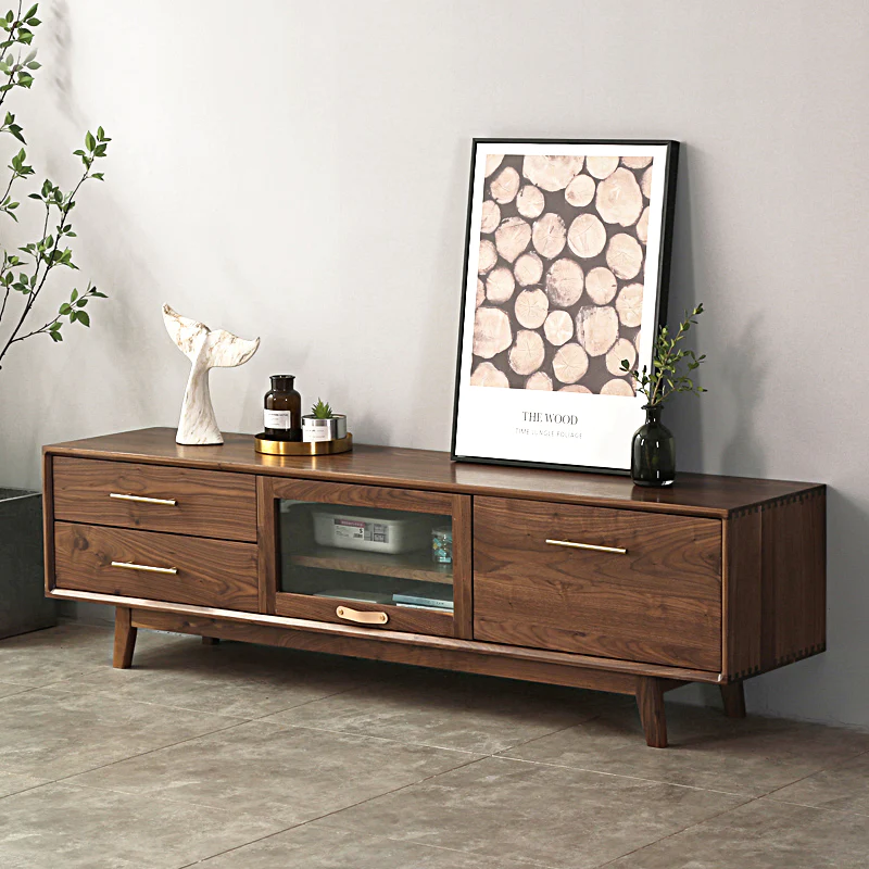 Vodrohome modern tv unit cabinet walnut finish – solid acacia wood tvc with Flip-Up Doors – tv consol table with set up box shelf TV#010 - vodrohome