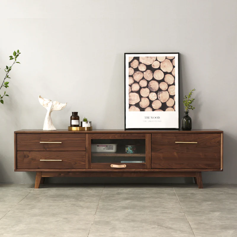 Vodrohome modern tv unit cabinet walnut finish – solid acacia wood tvc with Flip-Up Doors – tv consol table with set up box shelf TV#010 - vodrohome