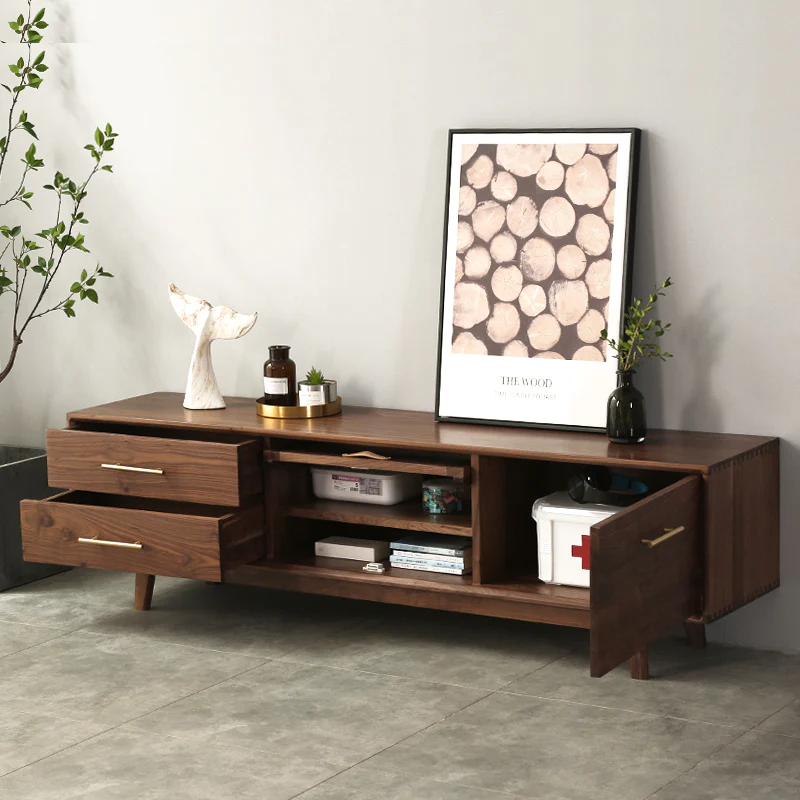 Vodrohome modern tv unit cabinet walnut finish – solid acacia wood tvc with Flip-Up Doors – tv consol table with set up box shelf TV#010 - vodrohome
