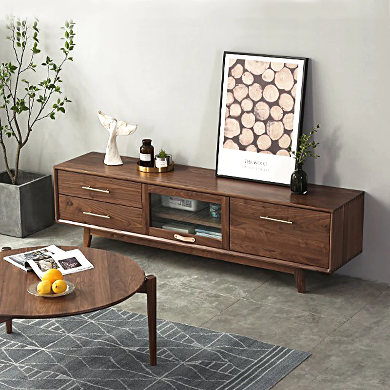 Vodrohome modern tv unit cabinet walnut finish – solid acacia wood tvc with Flip-Up Doors – tv consol table with set up box shelf TV#010 - vodrohome