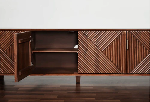 Vodrohome luxury tv unit cabinet with geometrical design– solid sheesham wood tvc– tv consol table with set up box shelf TV#014 - vodrohome