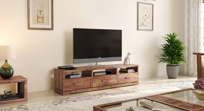 Vodrohome tv unit cabinet with 3 drawers – solid sheesham wood entertainment unit - tv consol table with open set up box shelf 175 x 41 x 43 cm TV#018 - vodrohome