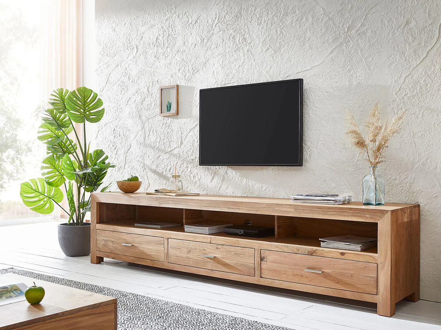 Vodrohome tv unit cabinet with 3 drawers – solid sheesham wood entertainment unit - tv consol table with open set up box shelf 175 x 41 x 43 cm TV#024 - vodrohome