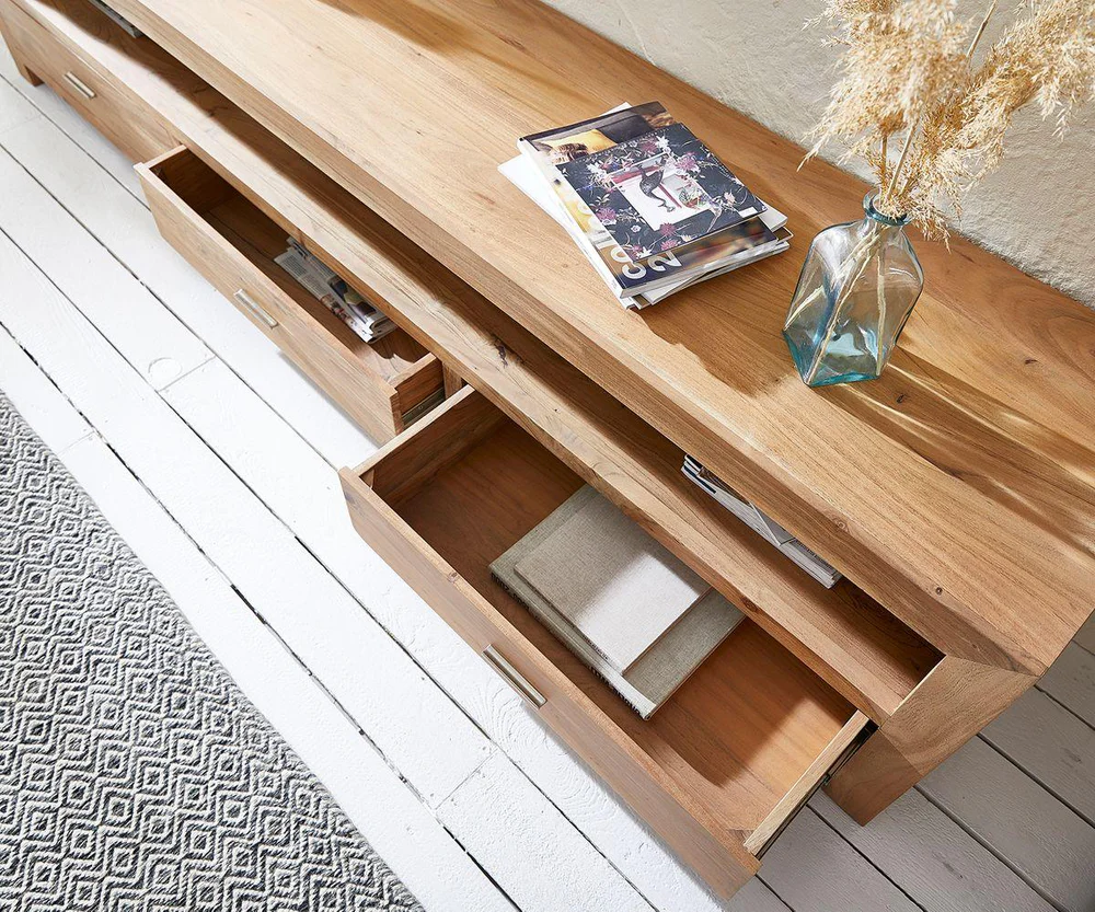 Vodrohome tv unit cabinet with 3 drawers – solid sheesham wood entertainment unit - tv consol table with open set up box shelf 175 x 41 x 43 cm TV#024 - vodrohome