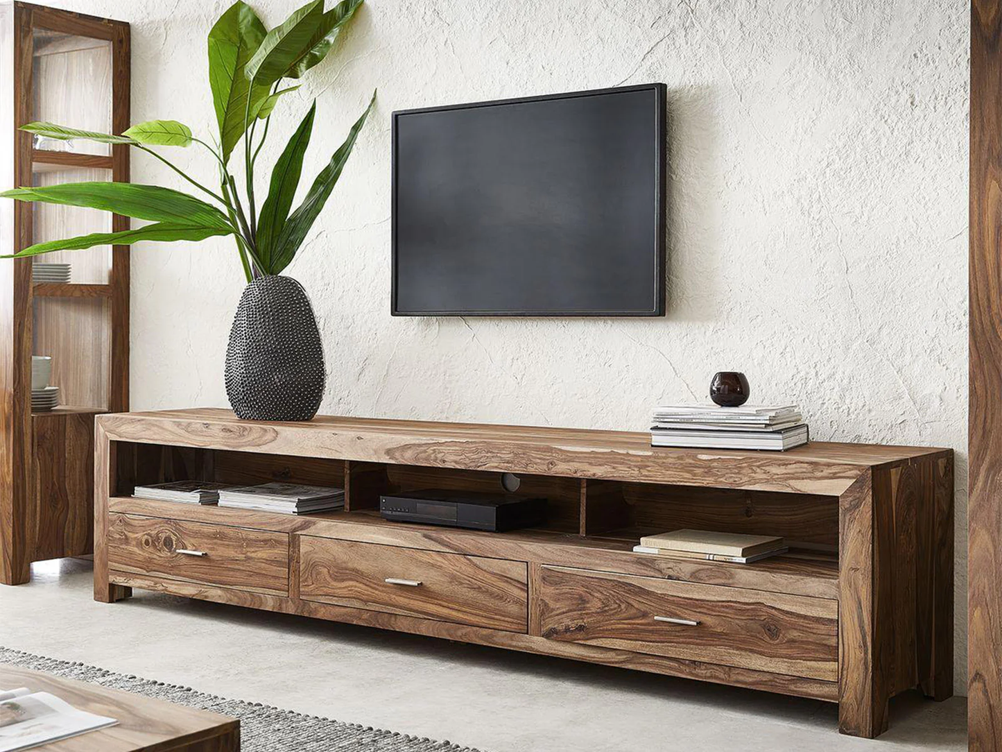 Vodrohome tv unit cabinet with 3 drawers – solid sheesham wood entertainment unit - tv consol table with open set up box shelf 175 x 41 x 43 cm TV#024 - vodrohome