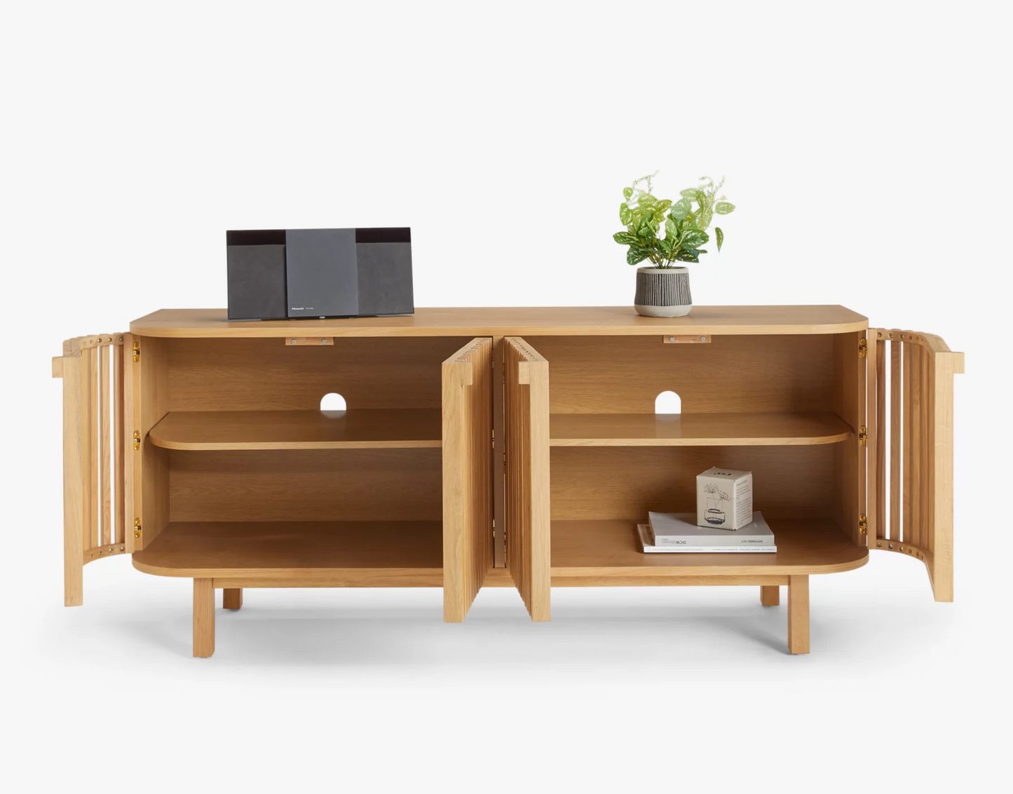 Vodrohome modern tv unit cabinet natural finish – solid mango wood slatted tvc – tv consol table with set up box with storage TV#030