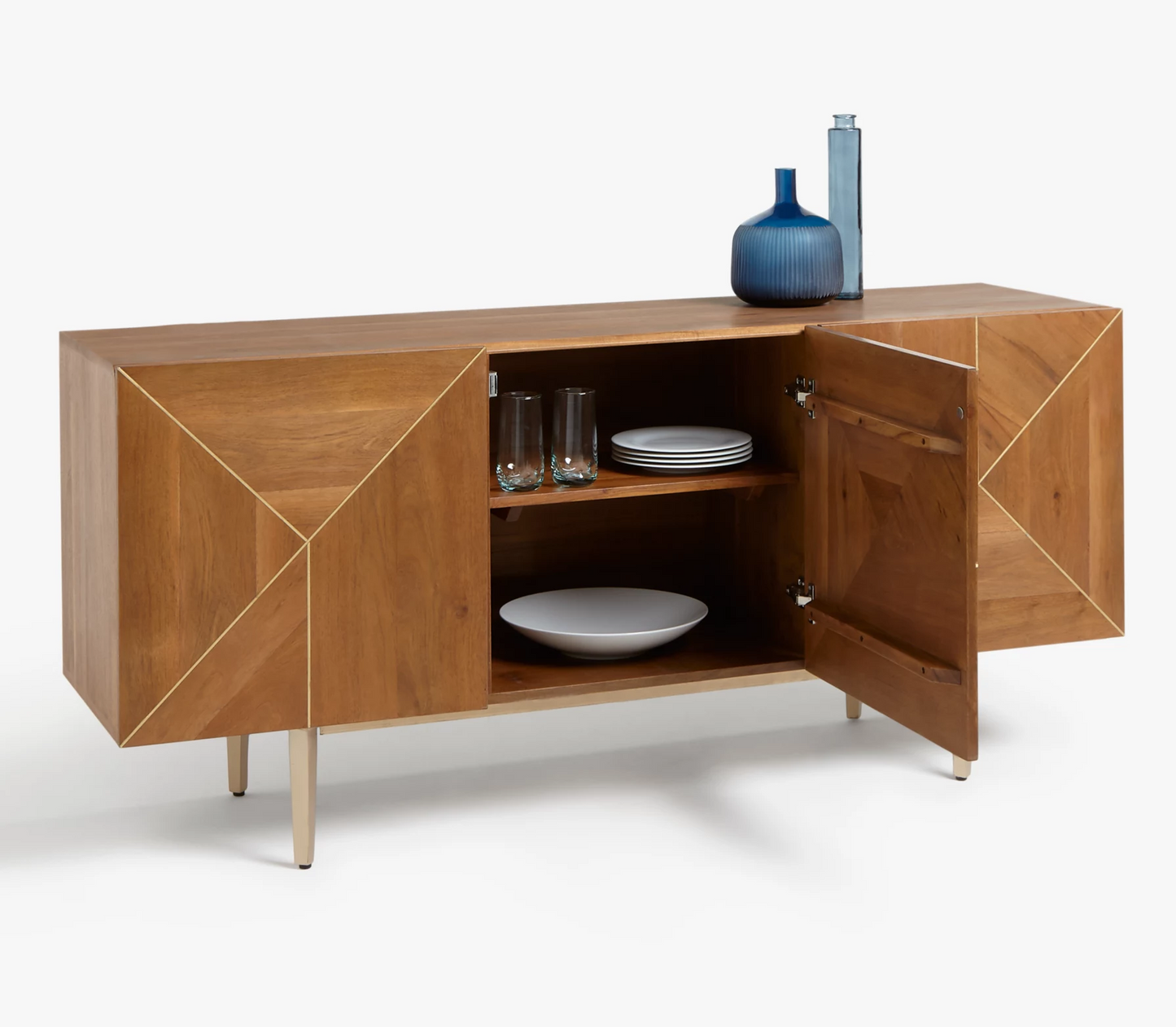 Vodrohome luxury tv unit cabinet with geometrical design– solid Acacia wood tvc with iron base – tv consol table with set up box shelf TV#031