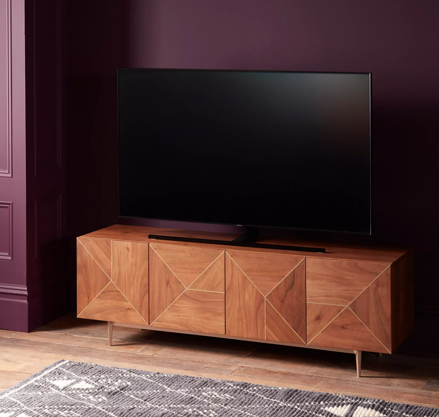 Vodrohome luxury tv unit cabinet with geometrical design– solid Acacia wood tvc with iron base – tv consol table with set up box shelf TV#031