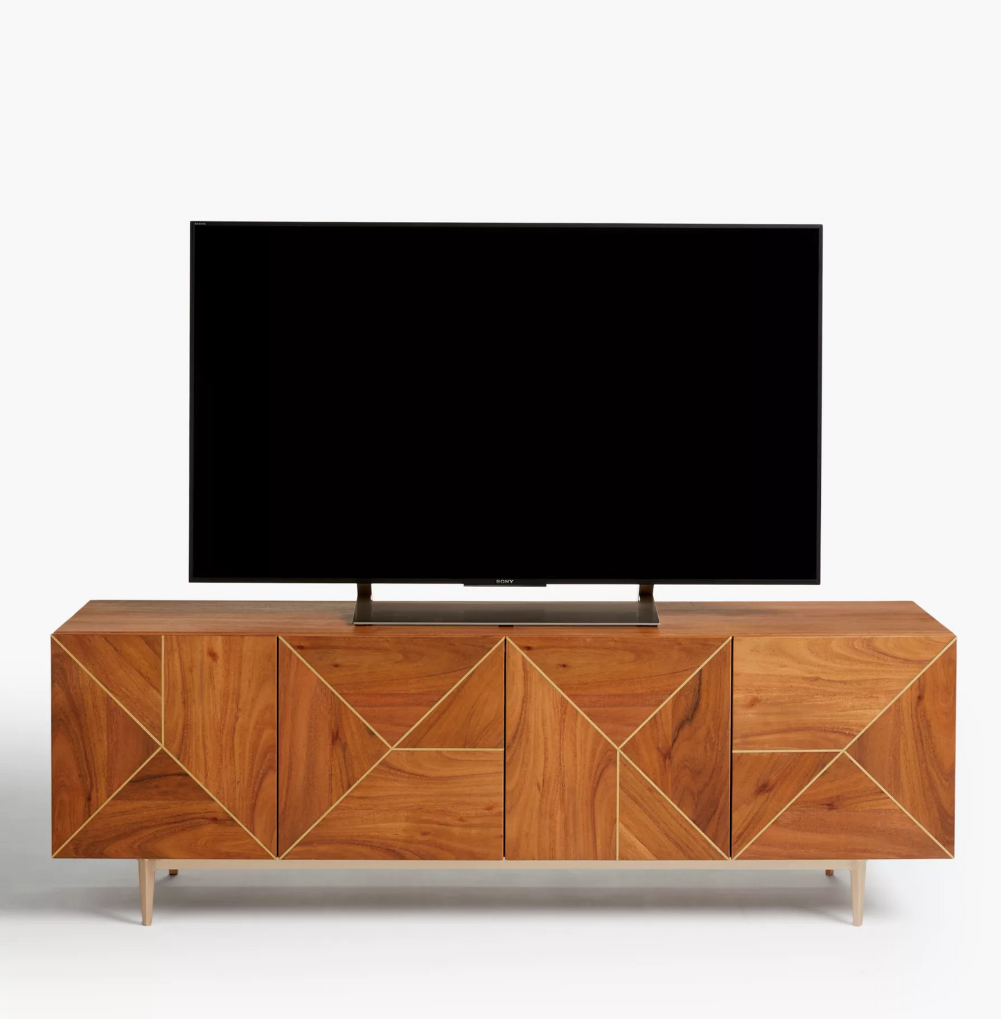 Vodrohome luxury tv unit cabinet with geometrical design– solid Acacia wood tvc with iron base – tv consol table with set up box shelf TV#031