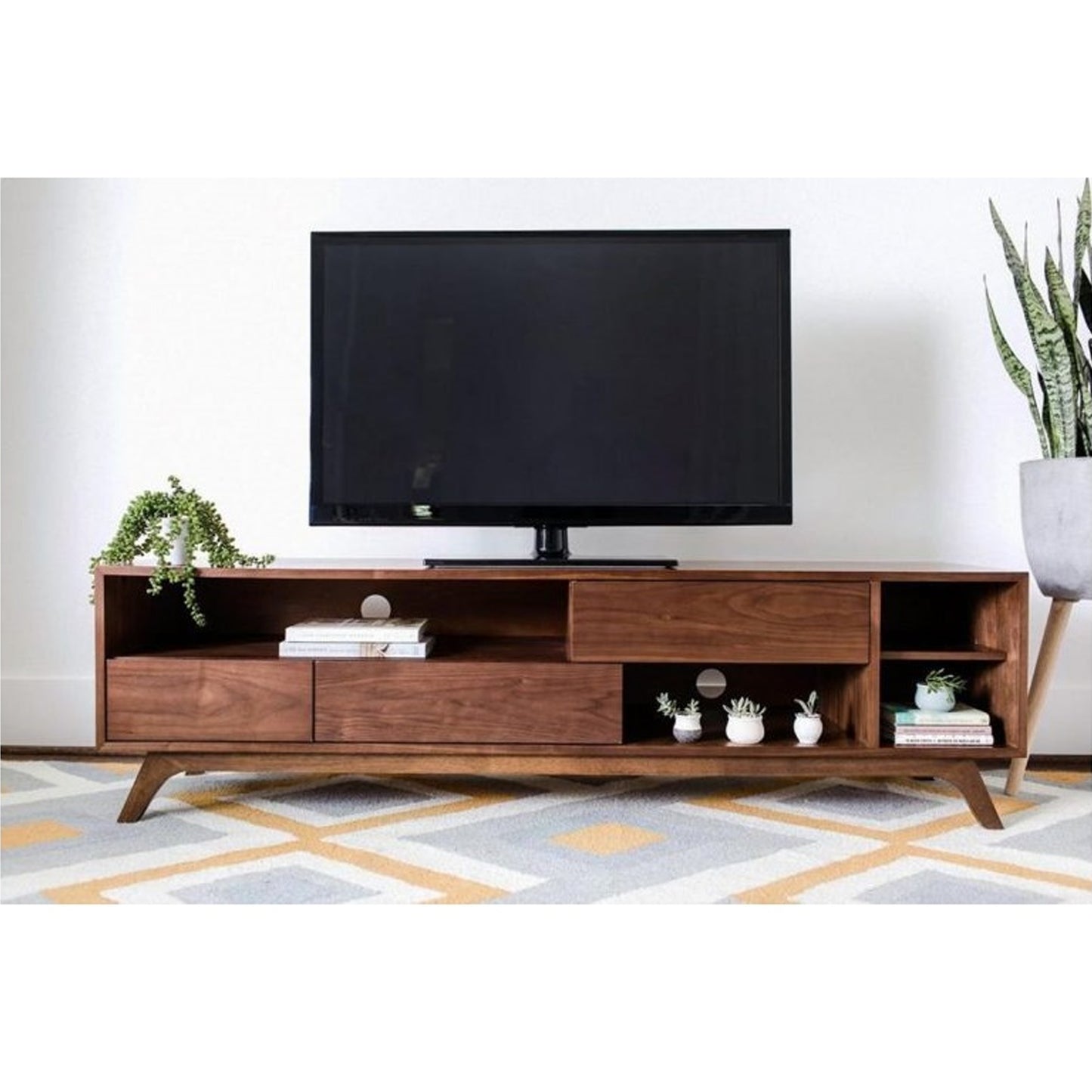 Vodrohome modern tv unit cabinet with three drawer and four open compartments – solid acacia wood tvc in honey finish 160x35x50 cm TV#005 - vodrohome