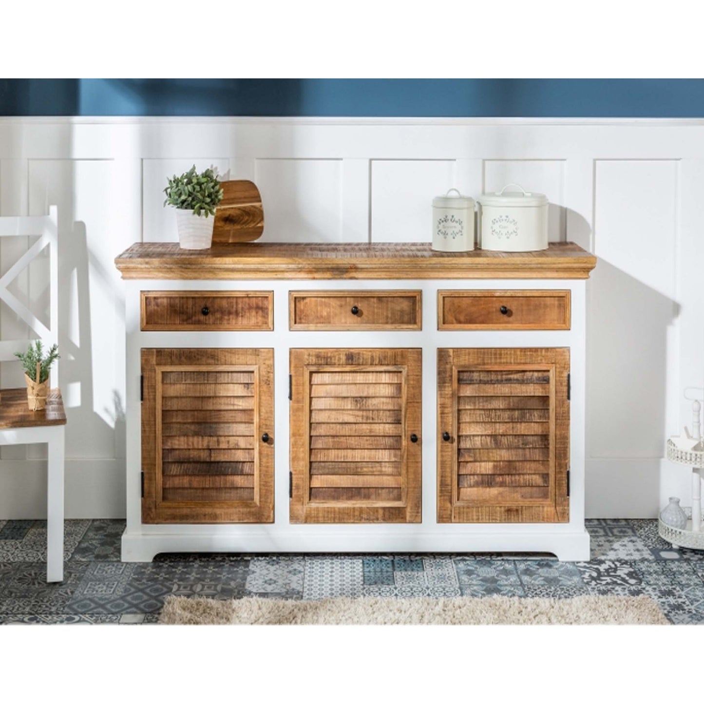 Vodrohome solid mango wood side board with three drawers and 3 doors rough finish – white wave dua tone sideboard 180x40x70 cm SB#002 - vodrohome