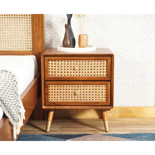 Vodrohome Solid wood rattan bedside table - two drawers bed side end table night stand 45x35x50 cm S#020