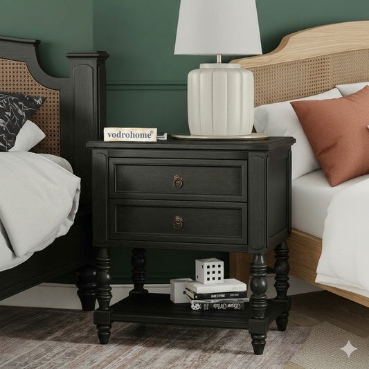 Vodrohome solid sheesham wood nightstand table with two drawers and a shelf - olympus bedside table in matt black 65x48x70 Cm S#015