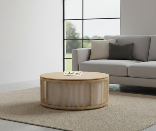 vodrohome rattan coffee table – jute weaving center table in natural finish – bohemian solid mango wood coffee table for office and living room C#064