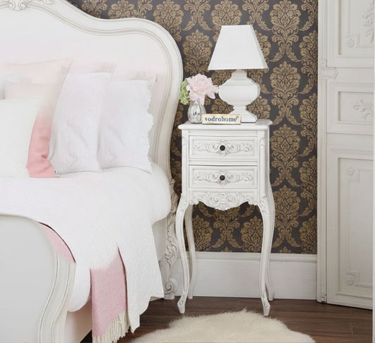 Vodrohome Craved Bedside Table with Two Drawers – French style night stand - white side table for bedroom S#038