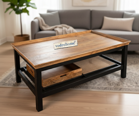vodrohome solid mango wood coffee table with rattan cane - rectangle centre table ideal tea table for living rooms C#046