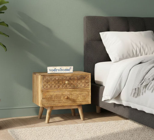 Vodrohome mango wood bedside table with two drawers – classic design night stand with beautiful carving 50x35x45 cm S#019