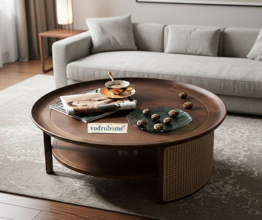 Vodrohome Rattan Coffee Table – cane center table with shelf for storage – bohemian solid mango wood coffee table for office and living room C#027