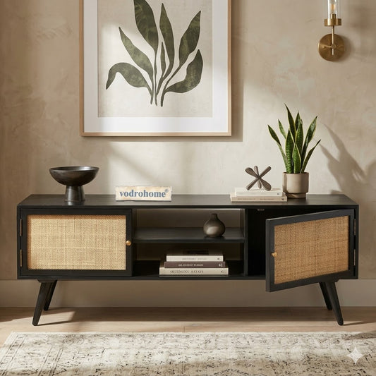 vodrohome modern tv unit cabinet– solid mango wood tvc 2 cupboards – tv consol table with set up box shelf TV#013