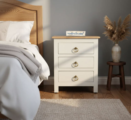 Vodrohome Solid mango wood bedside table - three drawers night stand end table 45x35x50 cm S#021