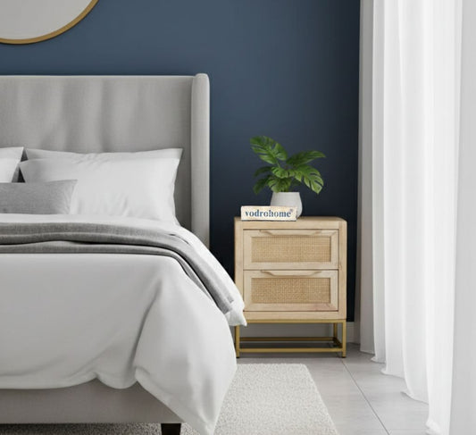 Vodrohome solid mango wood webbed bedside table with two drawers – classic design night stand with iron base 45x35x56 cm S#016