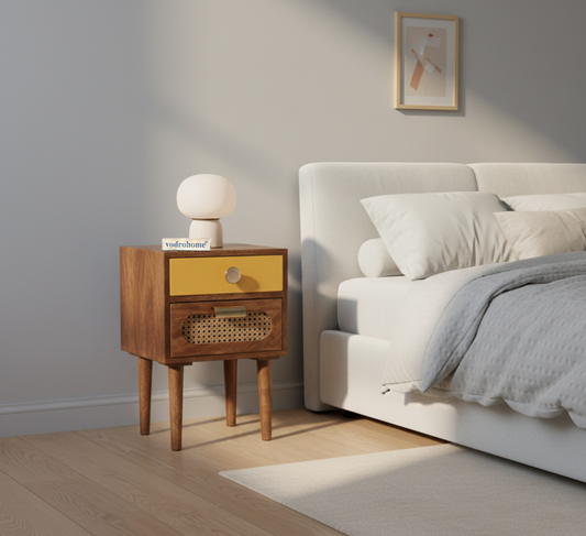 Vodrohome Mango wood rattan bedside table with two drawers in honey finish 35x30x52cm S#001