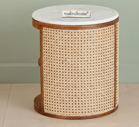 Vodrohome solid wood rattan side table with marble top – cane bedsite with open shelf – rattan cane round end table 40x40x45 cm S#036