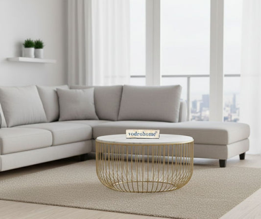 vodrohome brass gold coffee table –marble stone coffee table with iron base – basket style center table with stone top for sofa and living C#072